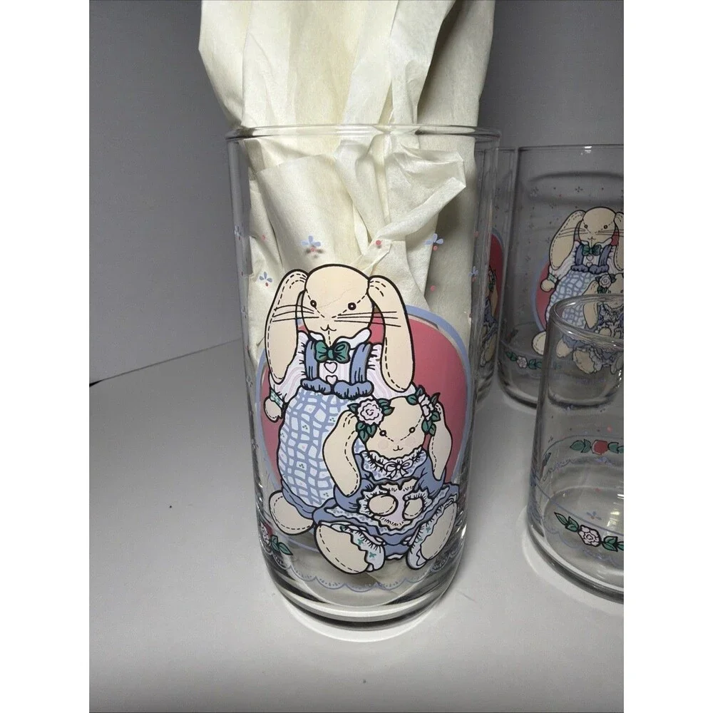 VTG‎ B&D Country Bunny Glass Tumblers Set of 7 - 1990s Cottagecore Rabbit Glass